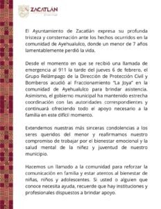 Comunicado del gobierno de Zactlán encabezado por Beatriz Sánchez en torno al caso de suicidio de un menor de 7 años